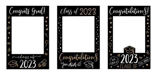 Graduate photo booth frame set. Props with Class of 2023. Selfie frame. Kit for graduation party. Decorations party supplies. Graduation party photo booth frame. Gold and black vector class of 2023.