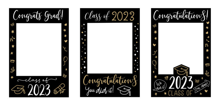 Graduate photo booth frame set. Props with Class of 2023. Selfie frame. Kit for graduation party. Decorations party supplies. Graduation party photo booth frame. Gold and black vector class of 2023.