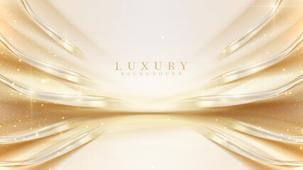 Luxury cream color background with golden line elements and curve light effect decoration and bokeh.