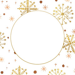 Square winter card template with golden stars, snowflakes and blots on white background. Drawing with acrylic paints.