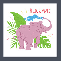 Hello summer greeting card, seasonal banner or poster flat vector illustration.