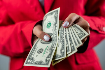 holding cash fans of dollars in hands in white shirt and red jacket isolated on solid color