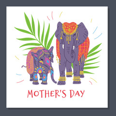 Mothers day greeting card template with elephants flat vector illustration.