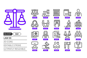 Law 03 related, pixel perfect, editable stroke, up scalable, line, vector bloop icon set.