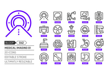 Medical imaging related, pixel perfect, editable stroke, up scalable, line, vector bloop icon set.