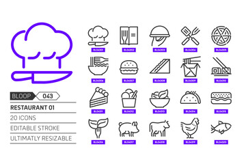 Restaurant 01 related, pixel perfect, editable stroke, up scalable, line, vector bloop icon set.