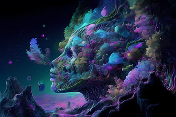 Naklejka premium Fluorescent Dreamy Mystical colorful glowing fantasy world Imagination of start of mind