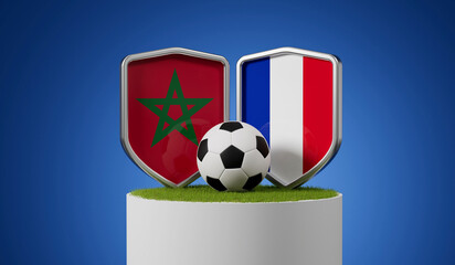 Fototapeta premium Morocco vs France flag soccer shield with football ball on a grass podium. 3D Rendering