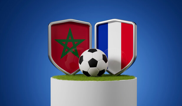 Morocco vs France flag soccer shield with football ball on a grass podium. 3D Rendering