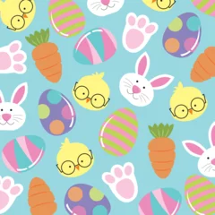 Gordijnen easter seamless pattern with rabbits, chicken, eggs and carrots © Erwin