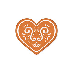 Heart shaped Christmas gingerbread cookie with icing decoration. Vector illustration