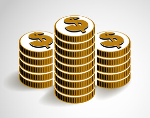 Coin stack cash money or casino chips still-life, vector icon, illustration or logo, revenue or taxes concept, pile of cents.