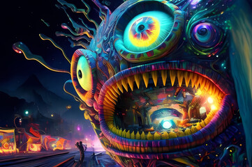 Fluorescent Dreamy Mystical colorful glowing fantasy world Imagination of start of mind