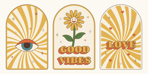 Retro Groovy 70s poster set. Vintage hippy style collection.	
