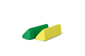 Yellow and green clean erasers isolated on white background.