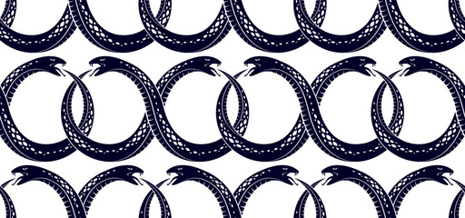 Repeat snakes seamless vector pattern, tiling endless background with venom reptiles in vintage style, subculture rock n roll and hard rock theme.