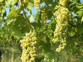 Bunches of fresh grapes growing in vineyard on sunny day