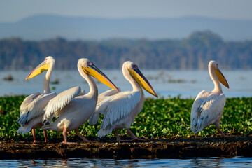 Great white pelican (also known as the eastern white pelican, rosy pelican or white pelican) (Pelecanus onocrotalus). Lake Naivasha. Naivasha. Great Rift Valley. Kenya