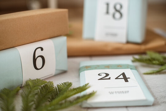 Close-up of gifts for a Christmas advent calendar