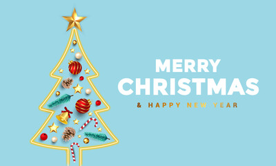 Fototapeta na wymiar Merry Christmas banner design. Neon light fir tree with ornaments inside. Holiday Xmas background. Vector 3d illustration