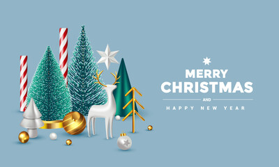Christmas composition with white, blue and gold Christmas trees, and traditional white Scandinavian toy deer. Vector 3d illustration
