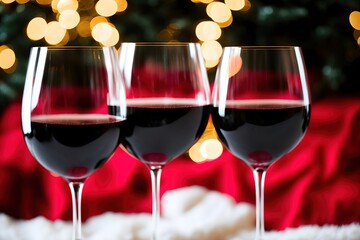 Christmas drink red wine glass with decoration tree. Holiday celebration party with wineglass of winter festive beverage. Generative AI