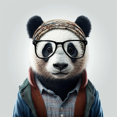 Hipster panda wearing clothes and glasses. Rabbit portrait. Generative ai