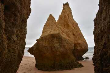 Closeup of rock formations at beach in Armacao de Pera