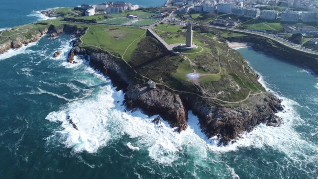 Scenic Drone Aerial Footage of A Coru&ntilde;a, Galicia, Spain, including USESCO World Heritage Site - Tower of Hercules - oldest existent lighthouse known.