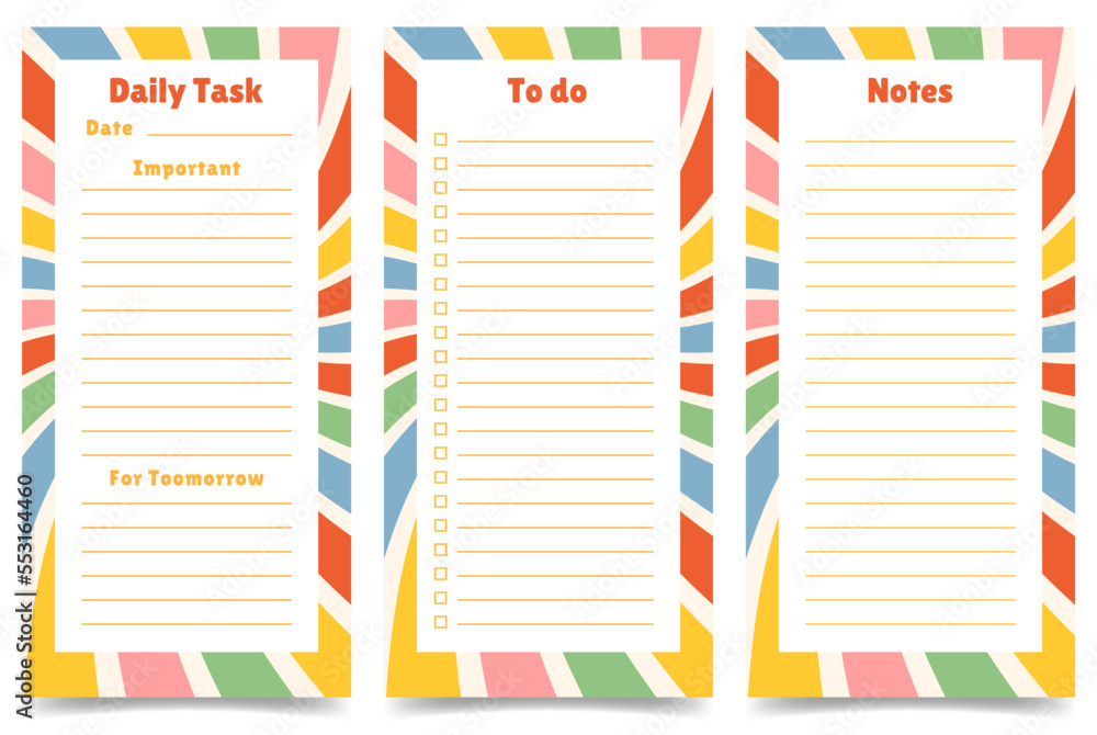 Poster set of planners, daily tasks, to do list, notes pages template. vertical journal on abstract colorfu