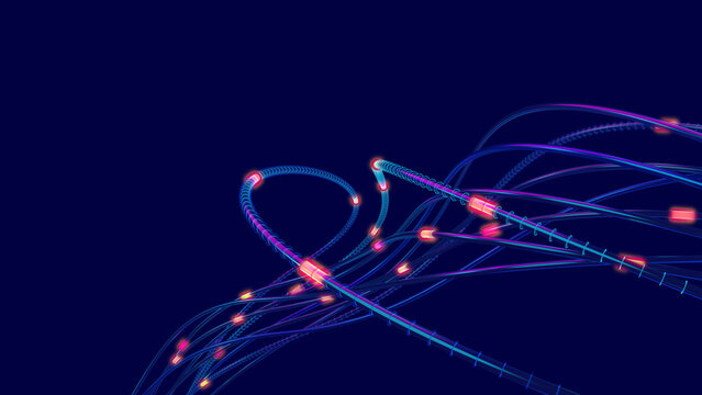 Data stream, network cable, neon lights twisted wire. 3D illustration of nanotechnology business solutions in internet communication