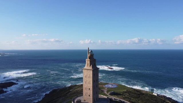 Scenic Drone Aerial Footage of A Coru&ntilde;a, Galicia, Spain, including USESCO World Heritage Site - Tower of Hercules - oldest existent lighthouse known.