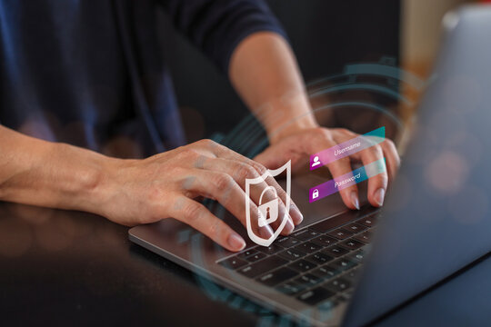 man Use system login with username, password, cybersecurity concept, information security and encryption, secure Internet access, technology and cybernetics. computer security system.