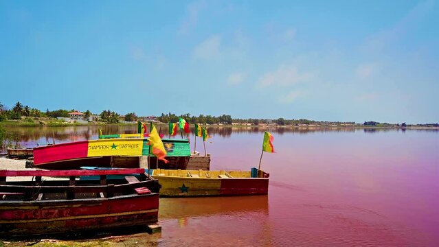 Boats on Lake Retba, the Pink Lake, near Dakar, Senegal