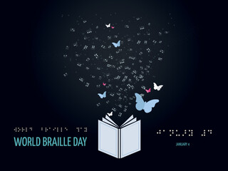 World Braille Day
Open book and out of it come out the letters on braille cards on a dark background and some butterflies flying. - obrazy, fototapety, plakaty