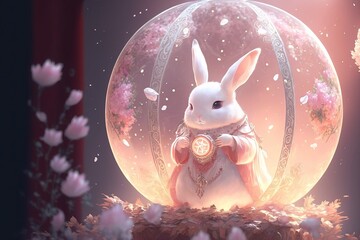 Cute white rabbit wearing Hanfu. Chinese lunar new year. Generative AI - obrazy, fototapety, plakaty