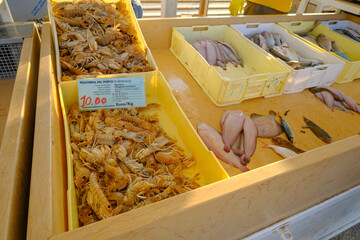 Boxes full of fresh fish, seafoow with ice and prices close-up. Fish and seafood market in Senigallia, Italy. Raw fish - obrazy, fototapety, plakaty