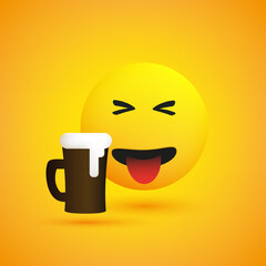 Disgusted Spitting Emoji, Hating the Taste of the Frothy Alcoholic Drink - Simple Emoticon with Stuck Out Tongue and Beer Mug - Vector Design for Web and Online Apps on Yellow Background
