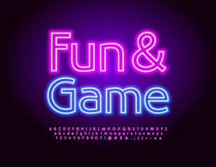 Vector neon banner Fun and Game. Violet glowing Font. Electric Led Alphabet Letters, Numbers and Symbols set