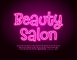 Vector fanny emblem Beauty Salon. Playful Neon Font. Bright Electric Alphabet Letters and Numbers set