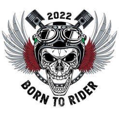 skull with wing and piston, skull vector, rider design, piston and glasses, born to rider, chain