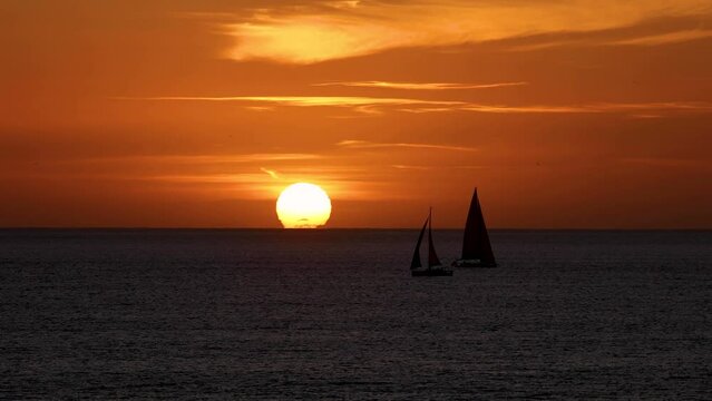 Timelapse Of Beautiful Tropical Red Sunset At Sea In Portugal. Romantic Relaxing Scene At Paradise Resort In Europe.