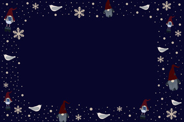 Gnomes and snowflakes pattern is decorated as a frame for Christmas in blue background