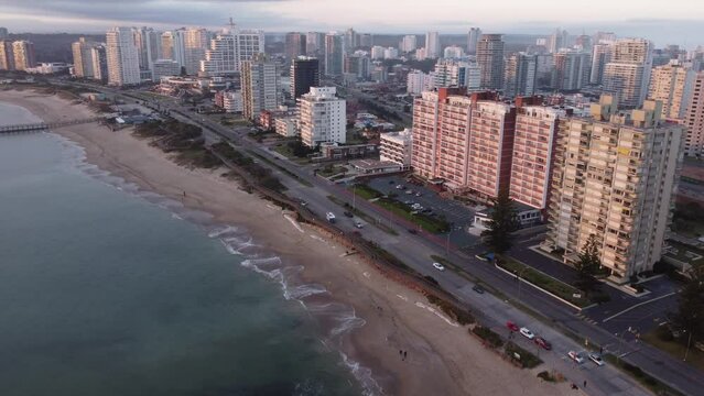 Punta del Este Beach. Coast and city at sunset. Playa mansa in Uruguay. Aerial drone view. 4K footage