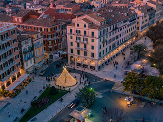 Aerial drone vew of beautiful christmas spianada square in corfu, Greece