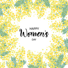 Happy Women's Day with beautiful blooming yellow mimosa flowers and green leaves. Elegant vector illustration for 8 march greeting card.