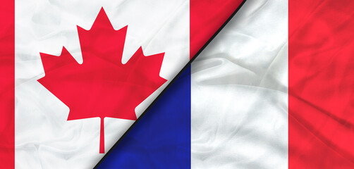 Illustration of France and Canada flags together waving in the wind. High quality illustration.