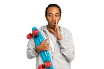 Young skater African American man isolated is saying a secret hot braking news and looking aside