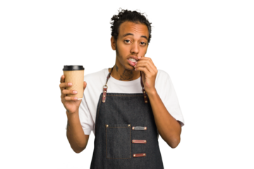 Young African American waiter man holding a takeaway coffee isolated biting fingernails, nervous and very anxious.