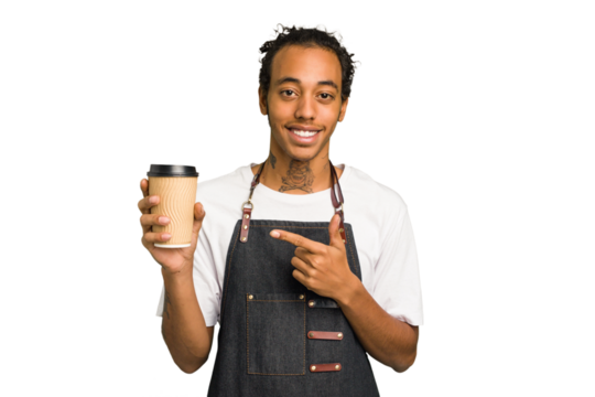 Young African American waiter man holding a takeaway coffee isolated smiling and pointing aside, showing something at blank space.